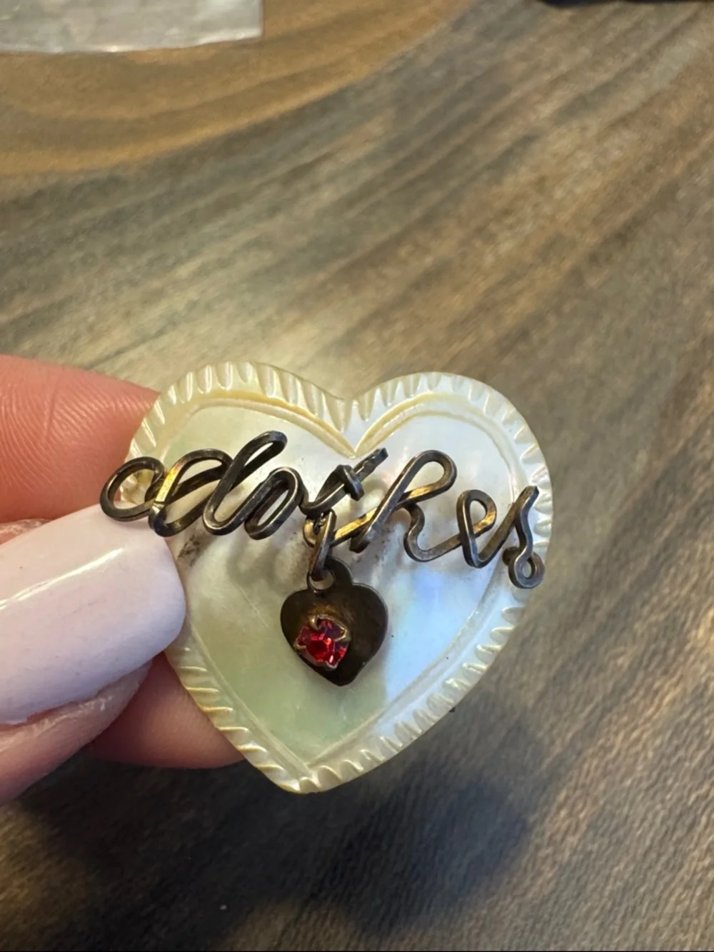 Vintage Mother Of Pearl Heart Brooch “Mother” Wire Pin Gold Tone